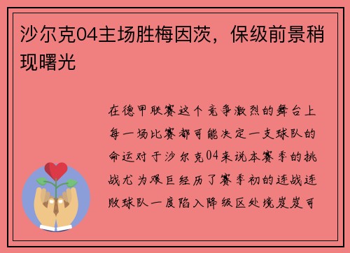 沙尔克04主场胜梅因茨，保级前景稍现曙光